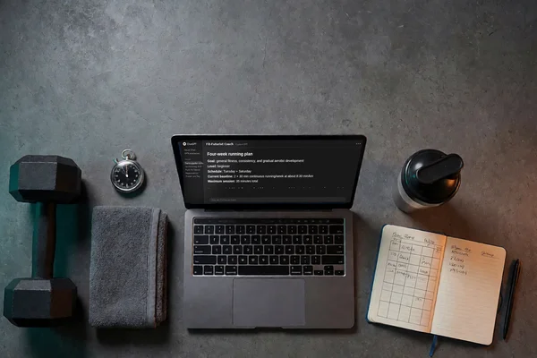 Laptop mit ChatGPT-Trainingsplan, Hantel, Stoppuhr und Trainingstagebuch von oben fotografiert