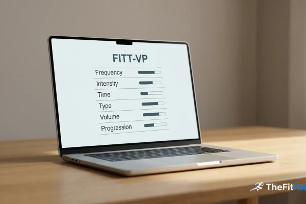 Laptop screen showing an AI-generated training plan next to a FITT-VP scoring rubric with six dimensions